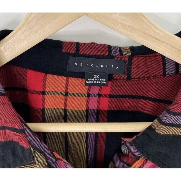 Sanctuary Plus Size Cropped Flannel Multicolor Plaid Puff‎ Sleeve Top Sz 2x Boho - Picture 4 of 10